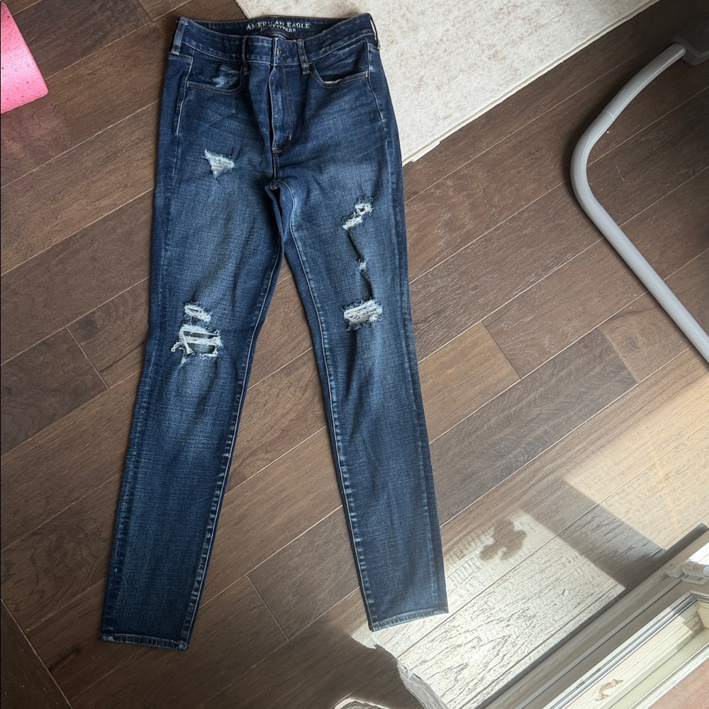 American Eagle Outfitters Distressed Dark Blue Skinny Jeans - Women